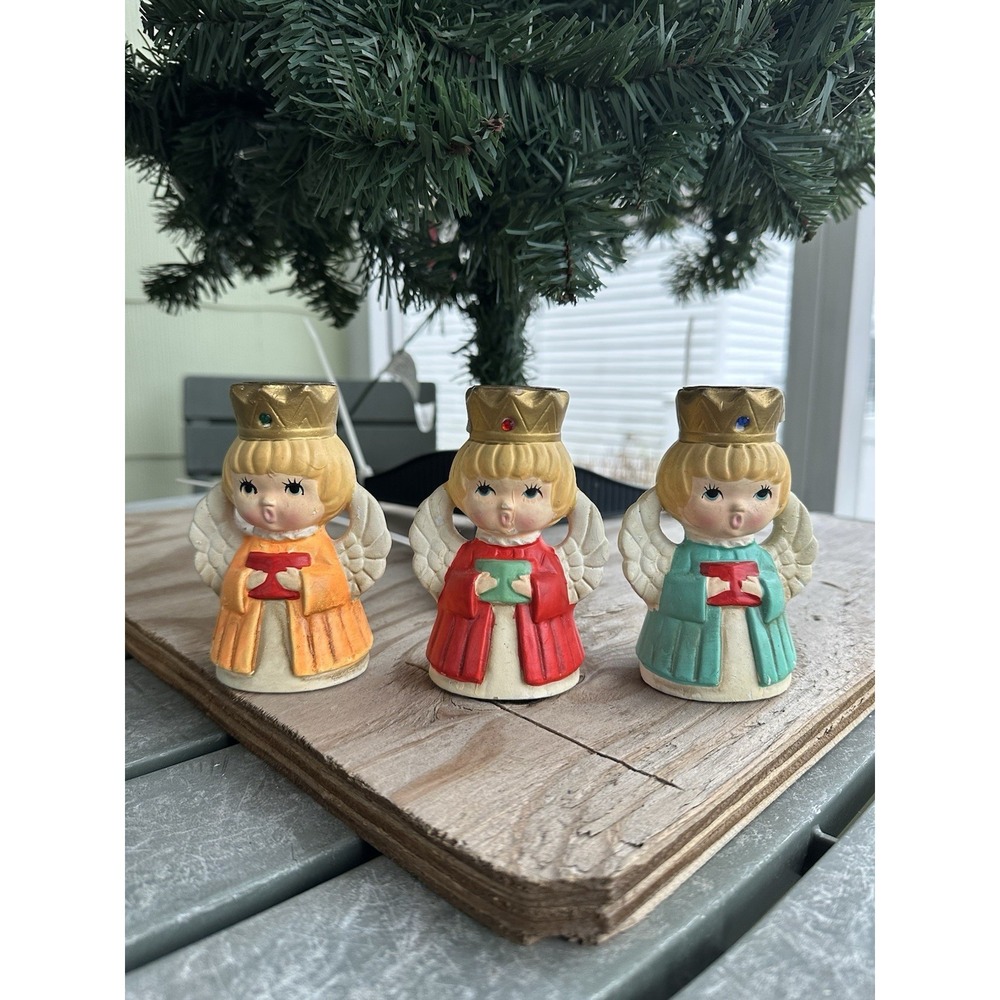 3 Vintage ARDCO Christmas Candle Holder Angel  Chalkware Angel  Japan‎ 1960s